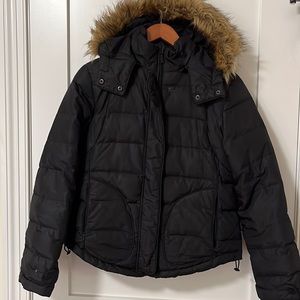 Black Short Calvin Klein Down Coat with Fur Trimmed Hood